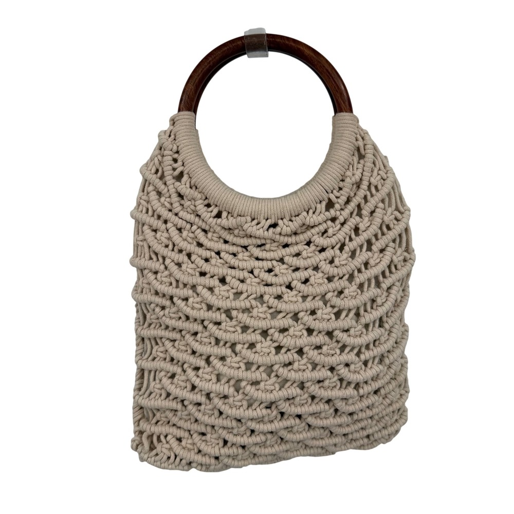 Sigrid Olsen Womens Tote Bag Cream Macrame‎ Wooden Handles Boho Summer Handbag